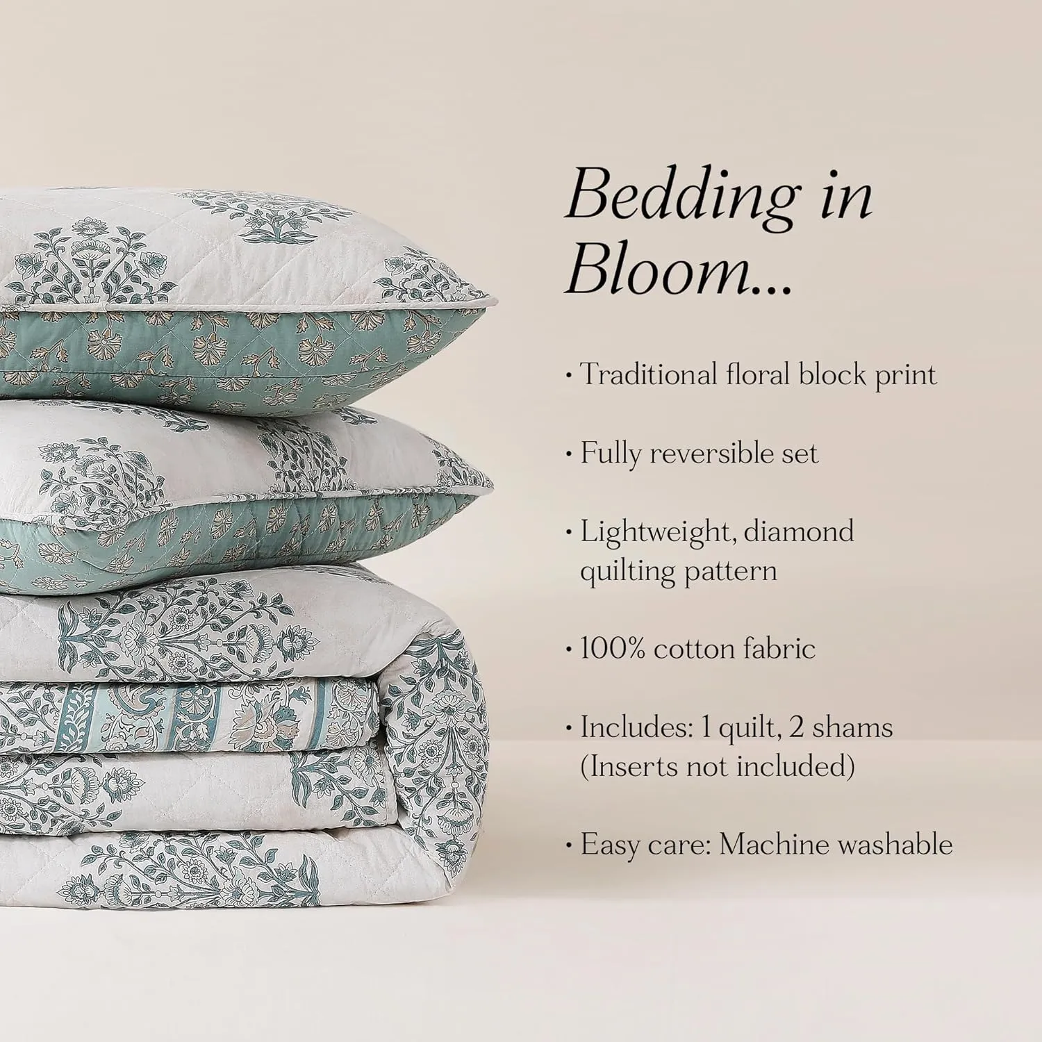 Lush Decor Sofia Flower Block Bouquet Reversible Cotton Quilt 3 Piece Set Full/Queen Teal - Block Print Quilt - Floral Bedding Set - Modern Boho Decor