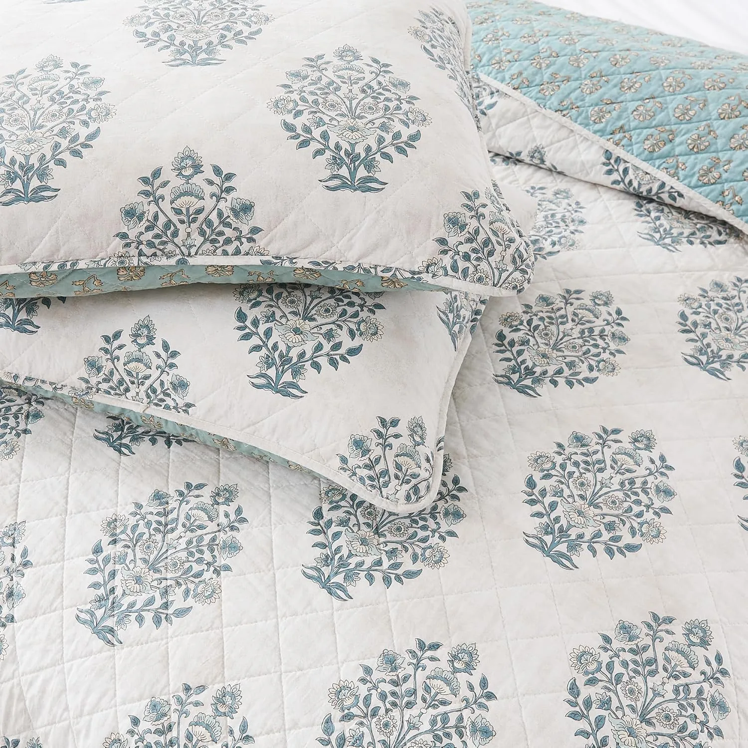 Lush Decor Sofia Flower Block Bouquet Reversible Cotton Quilt 3 Piece Set Full/Queen Teal - Block Print Quilt - Floral Bedding Set - Modern Boho Decor