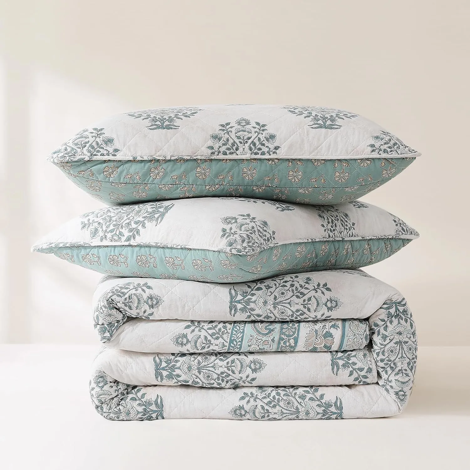 Lush Decor Sofia Flower Block Bouquet Reversible Cotton Quilt 3 Piece Set Full/Queen Teal - Block Print Quilt - Floral Bedding Set - Modern Boho Decor