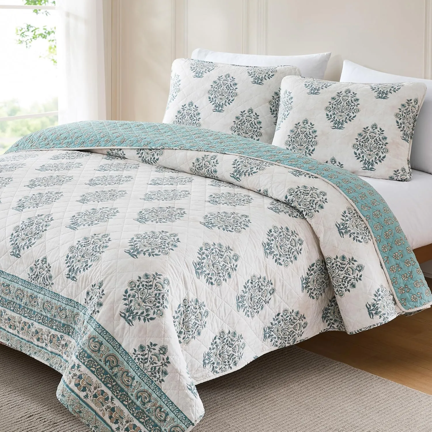 Lush Decor Sofia Flower Block Bouquet Reversible Cotton Quilt 3 Piece Set Full/Queen Teal - Block Print Quilt - Floral Bedding Set - Modern Boho Decor