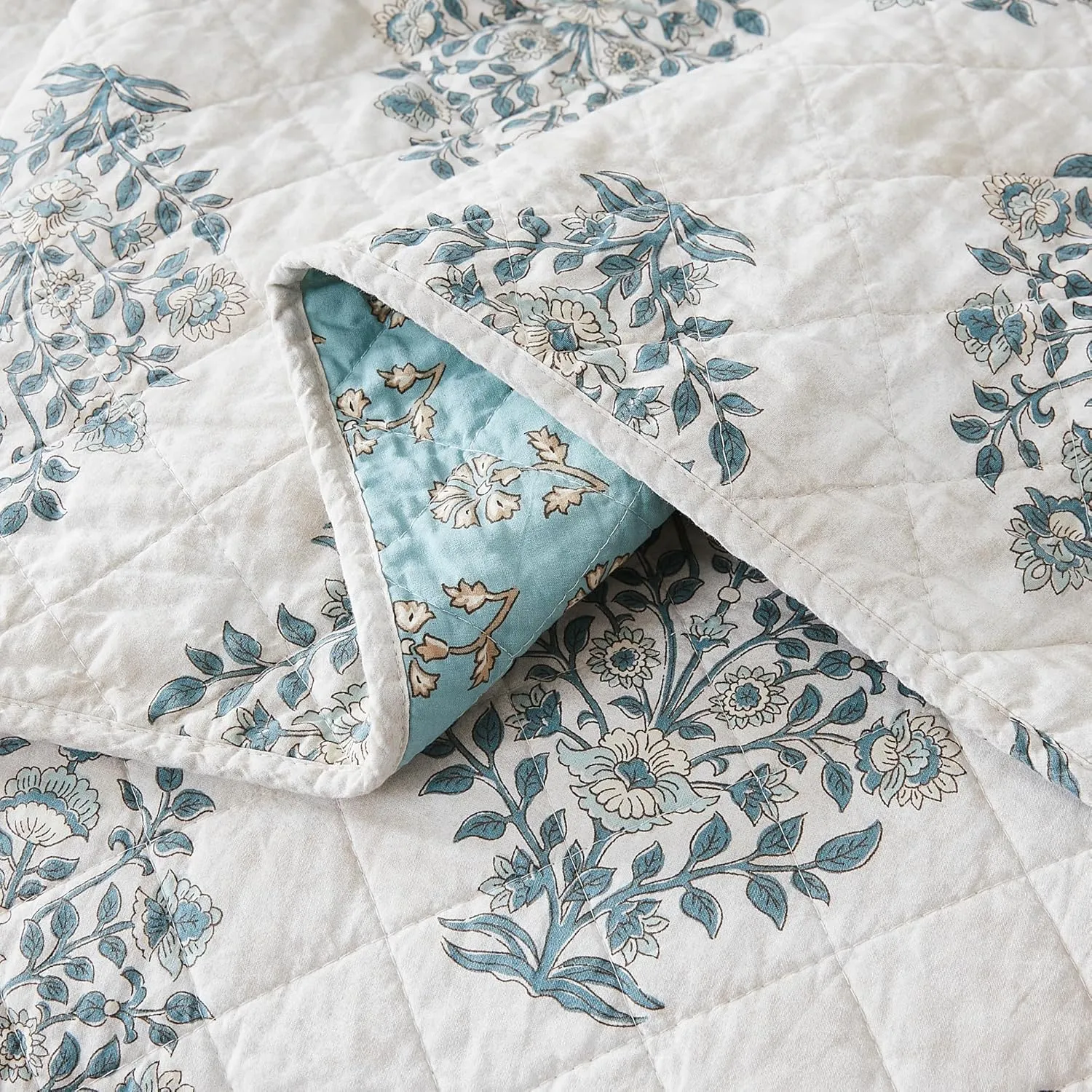 Lush Decor Sofia Flower Block Bouquet Reversible Cotton Quilt 3 Piece Set Full/Queen Teal - Block Print Quilt - Floral Bedding Set - Modern Boho Decor
