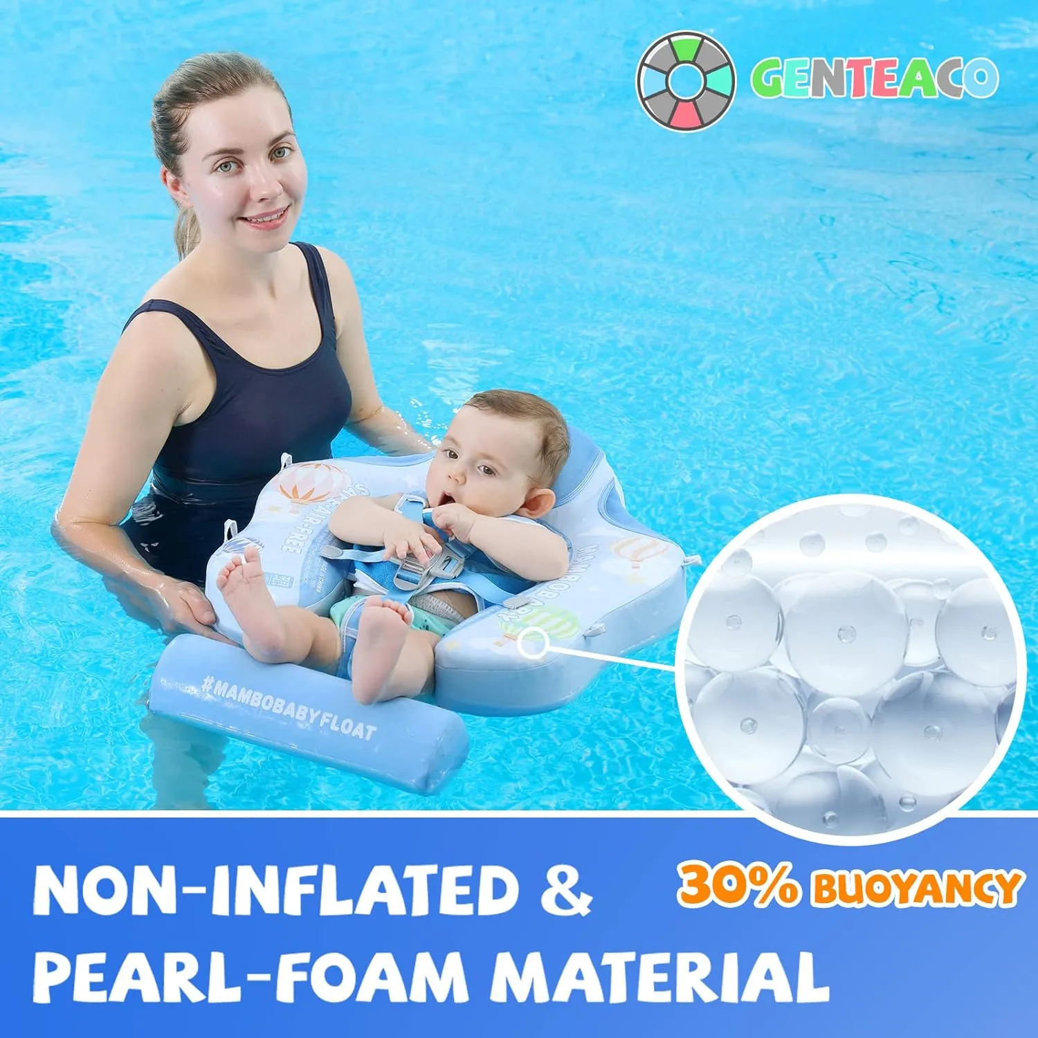 Mambobaby Baby Swim Float with Canopy Non-Inflatable Infant Pool Float with Tail 3-24 Months Avoid Flip Solid Skin-Friendly Material for Toddler Boys Girls