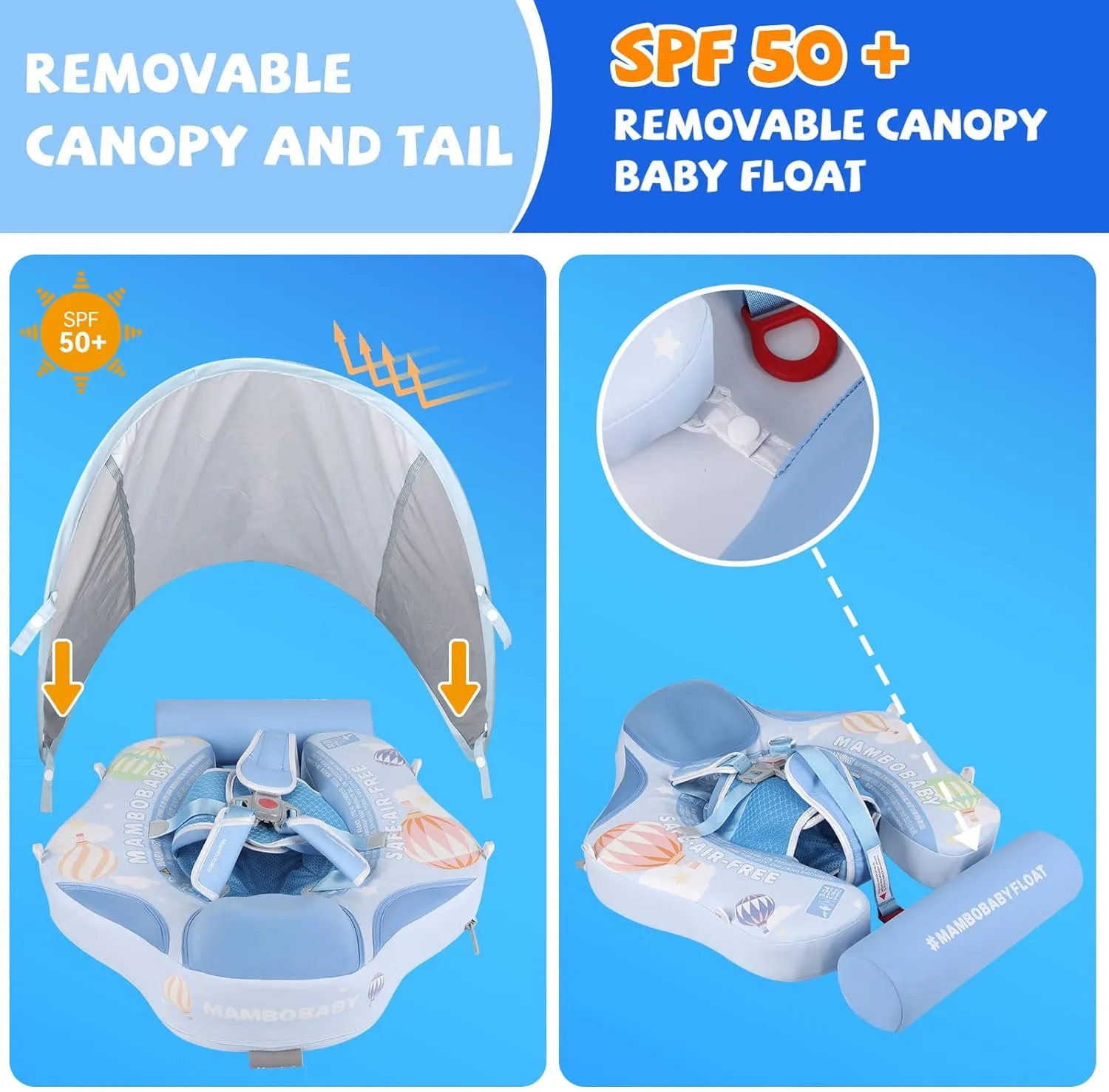 Mambobaby Baby Swim Float with Canopy Non-Inflatable Infant Pool Float with Tail 3-24 Months Avoid Flip Solid Skin-Friendly Material for Toddler Boys Girls