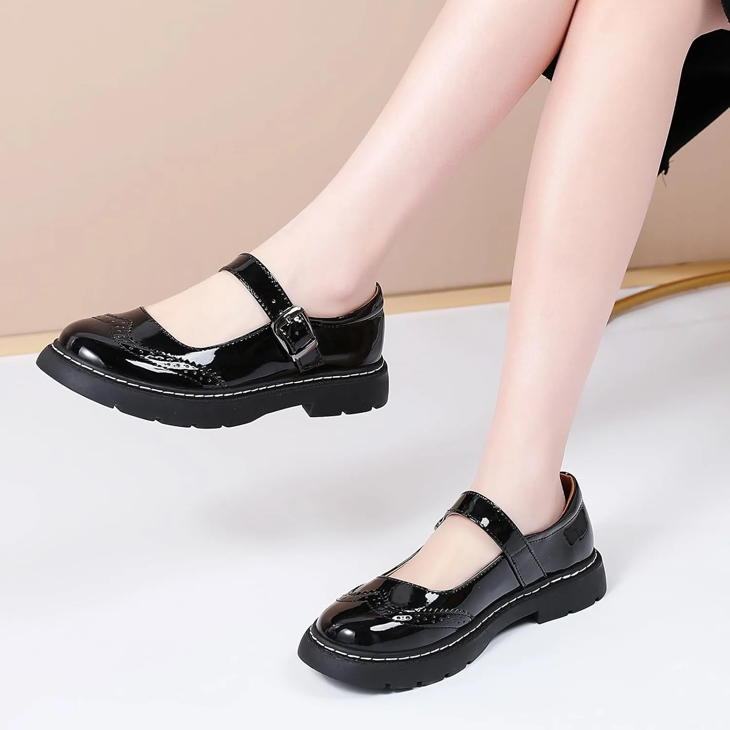 Mary Jane Shoes Women Platform Non-Slip Classics Round Toe Ankle Strap Brogues Style Comfort Casual Oxford Dress Work Mary Jane Flat Shoes