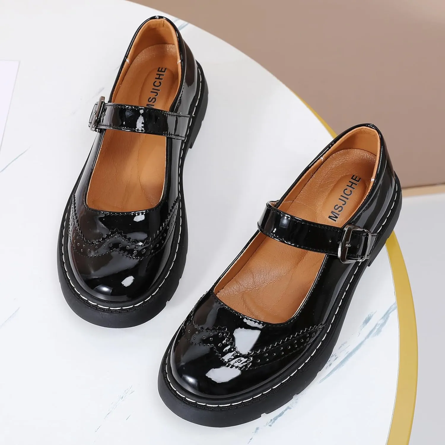 Mary Jane Shoes Women Platform Non-Slip Classics Round Toe Ankle Strap Brogues Style Comfort Casual Oxford Dress Work Mary Jane Flat Shoes