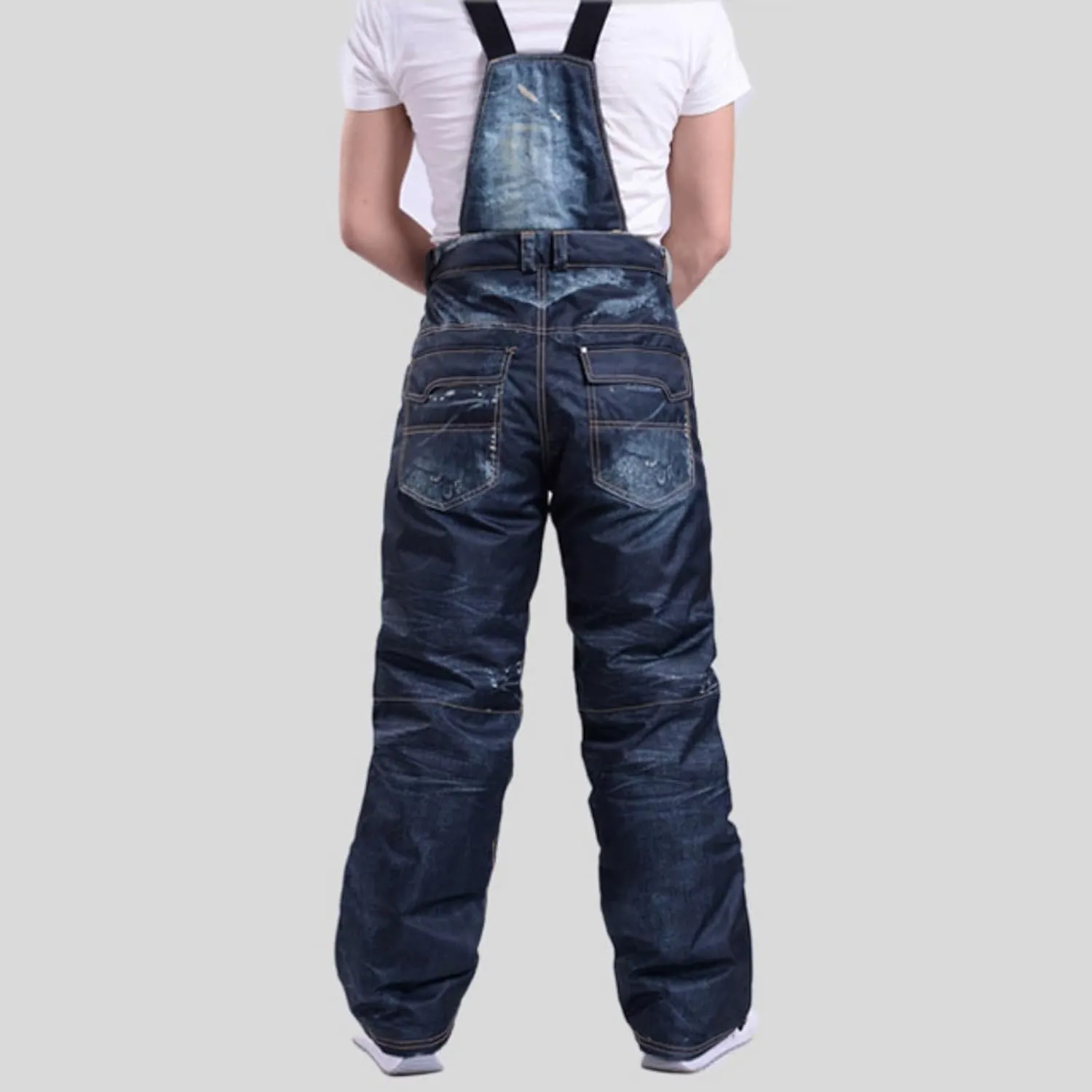 Men Snowboard Overalls Jeans Windproof Waterproof Rugged Ski Denim Pants Thickened Warm Adjustable Straps Bib Overall