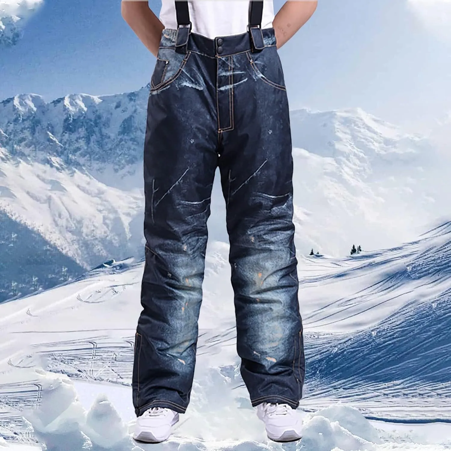 Men Snowboard Overalls Jeans Windproof Waterproof Rugged Ski Denim Pants Thickened Warm Adjustable Straps Bib Overall