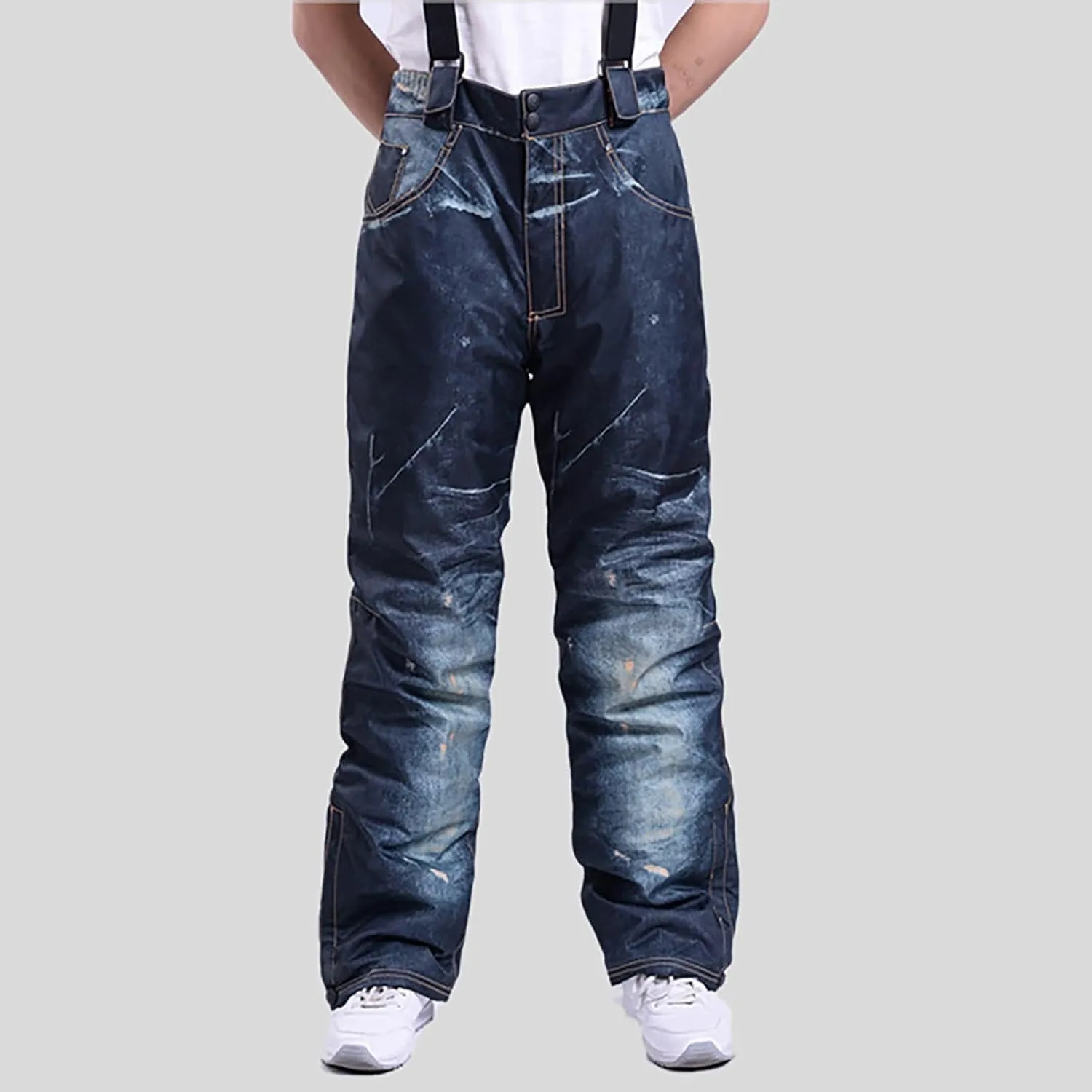 Men Snowboard Overalls Jeans Windproof Waterproof Rugged Ski Denim Pants Thickened Warm Adjustable Straps Bib Overall