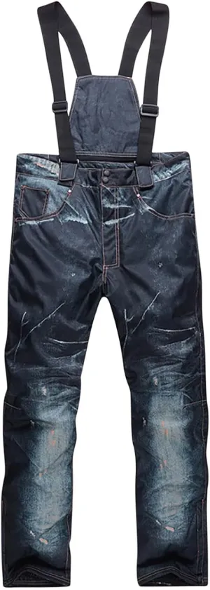 Men Snowboard Overalls Jeans Windproof Waterproof Rugged Ski Denim Pants Thickened Warm Adjustable Straps Bib Overall