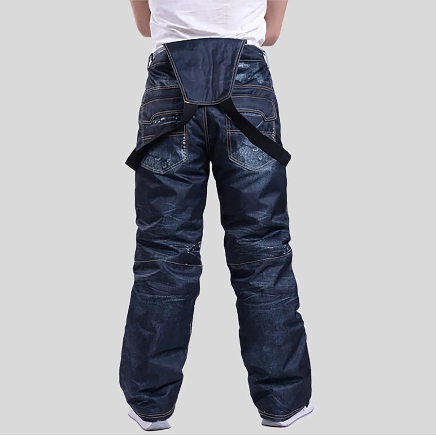 Men Snowboard Overalls Jeans Windproof Waterproof Rugged Ski Denim Pants Thickened Warm Adjustable Straps Bib Overall