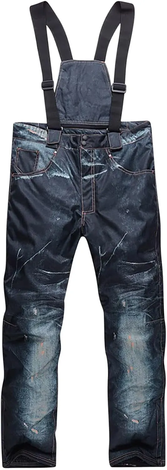 Men Snowboard Overalls Jeans Windproof Waterproof Rugged Ski Denim Pants Thickened Warm Adjustable Straps Bib Overall