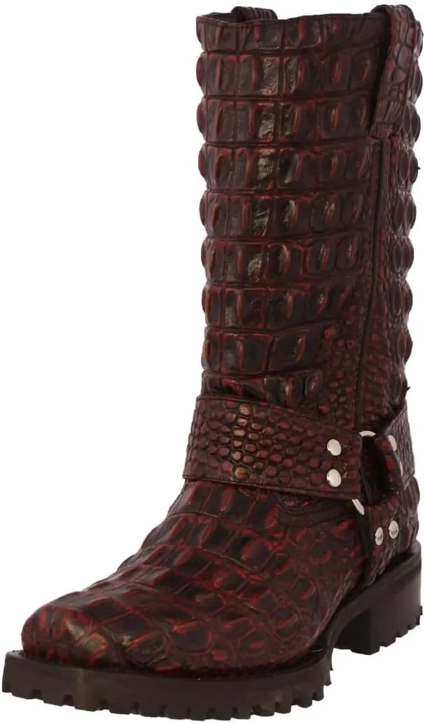 Mens Black Cherry Leather Motorcycle Boots Crocodile Back Print Square Toe
