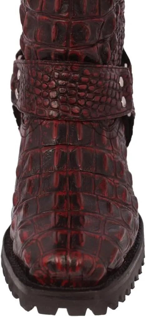Mens Black Cherry Leather Motorcycle Boots Crocodile Back Print Square Toe