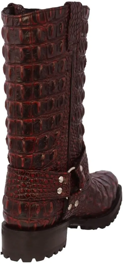 Mens Black Cherry Leather Motorcycle Boots Crocodile Back Print Square Toe