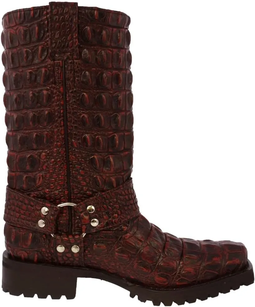Mens Black Cherry Leather Motorcycle Boots Crocodile Back Print Square Toe