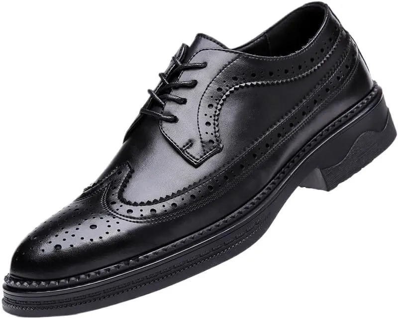 Men's Breathable Leather Wingtip Brogue Oxfords Fashion Classic Carved Lace Up Leather Low Heels Dress Shoes Genuine Cowhide Leather