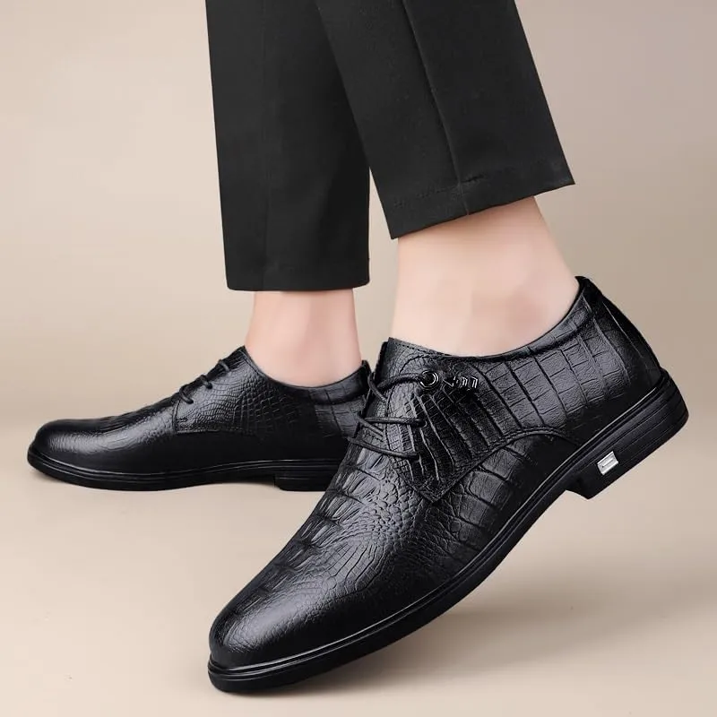 Men's Comfortable Non Slip Walking Shoes Classic Crocodile Pattern Leather Shoes Men Lace up Dress Oxford