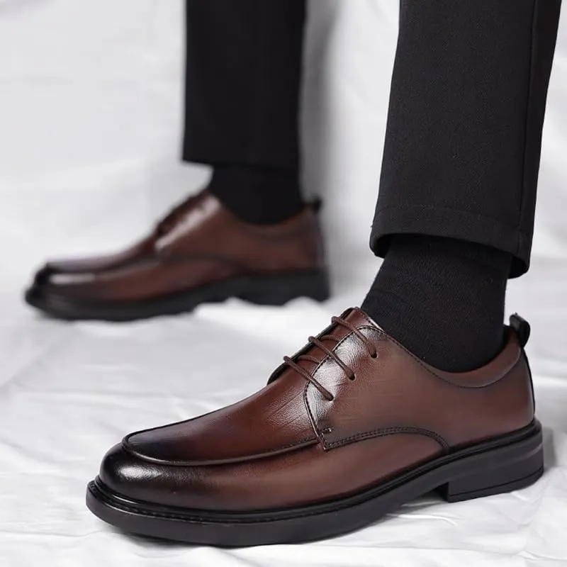 Men's Genuine Leather Oxford Shoes - Retro Pointed Toe Chunky Heel Non-Slip Business Dress Shoes for Formal Occasions
