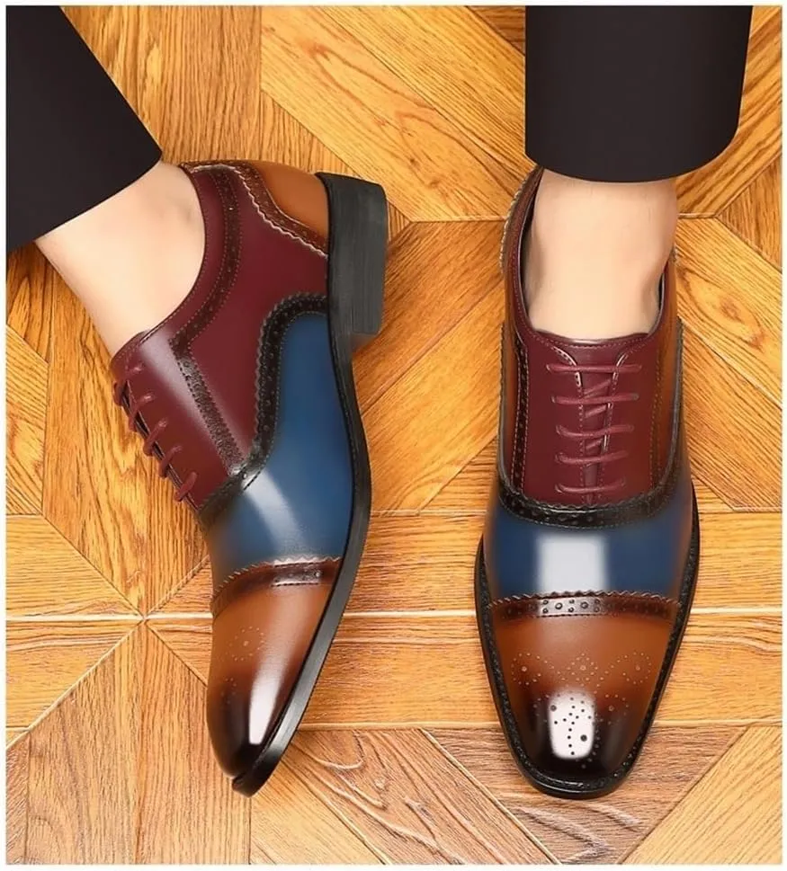 Men's Multicolor Leather Brogue Oxford Shoes - Lace-Up Wingtip Retro Carving, Pointed Toe Prom & Business Formal Dress Shoes