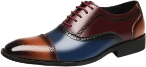 Men's Multicolor Leather Brogue Oxford Shoes - Lace-Up Wingtip Retro Carving, Pointed Toe Prom & Business Formal Dress Shoes