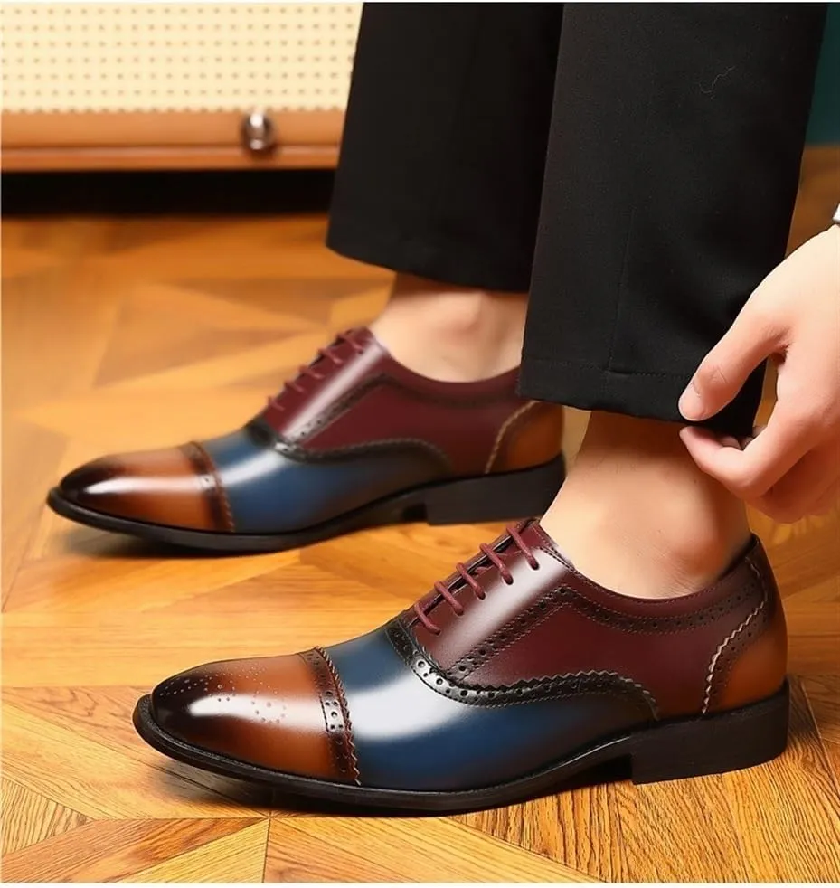 Men's Multicolor Leather Brogue Oxford Shoes - Lace-Up Wingtip Retro Carving, Pointed Toe Prom & Business Formal Dress Shoes