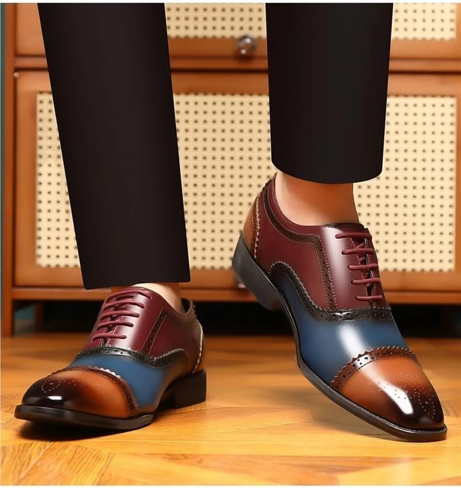 Men's Multicolor Leather Brogue Oxford Shoes - Lace-Up Wingtip Retro Carving, Pointed Toe Prom & Business Formal Dress Shoes
