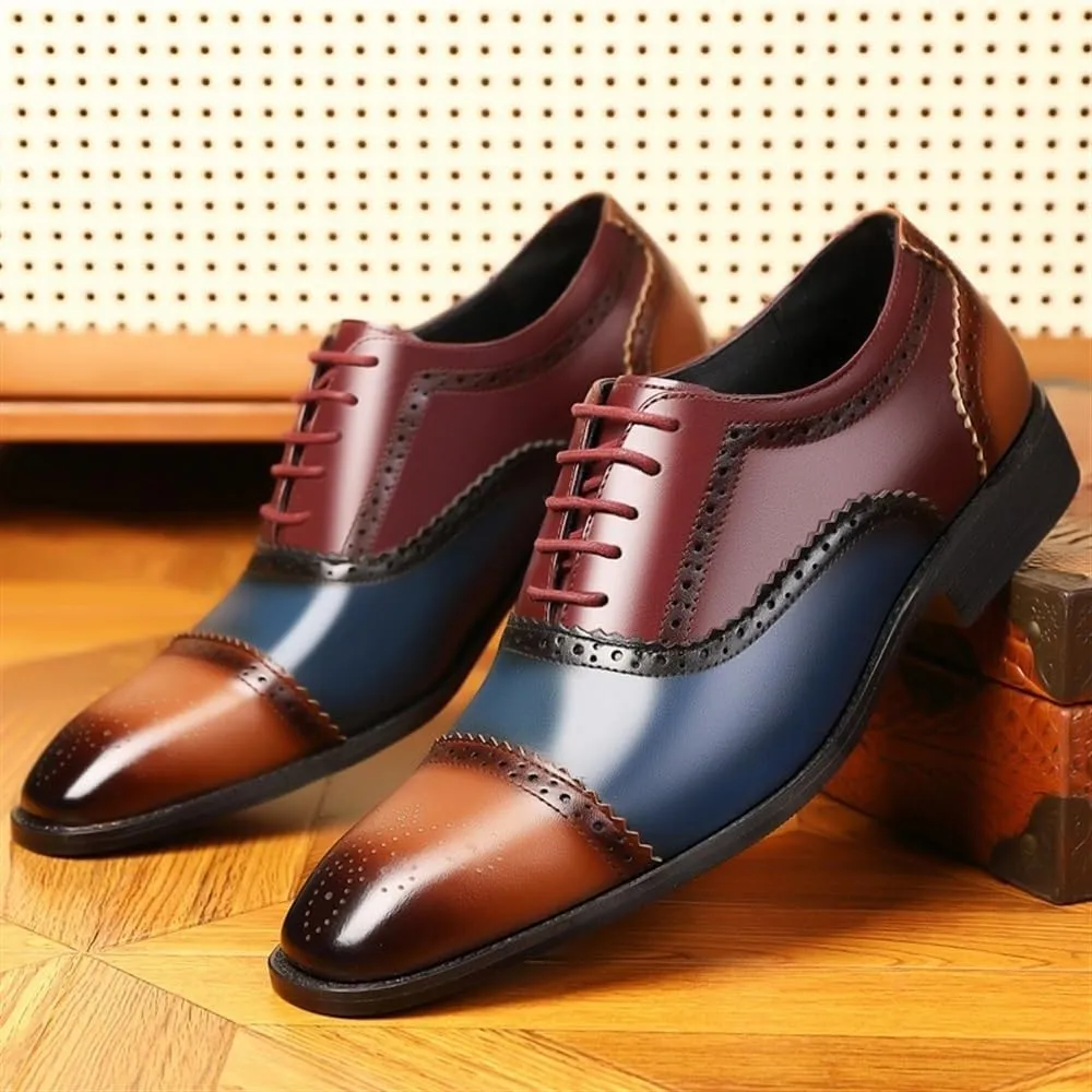 Men's Multicolor Leather Brogue Oxford Shoes - Lace-Up Wingtip Retro Carving, Pointed Toe Prom & Business Formal Dress Shoes
