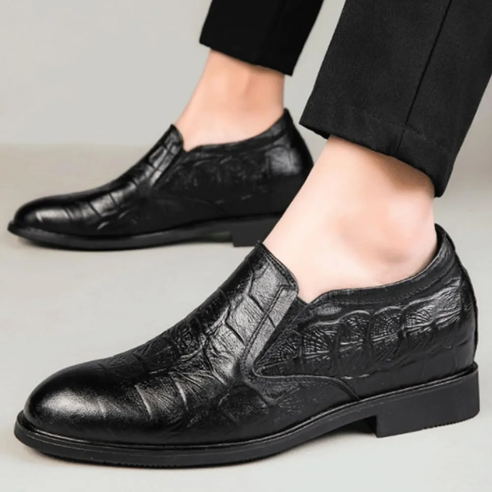 Men's PU Leather Height Increase Shoes Black Slip On Round Toe Loafers Classic Crocodile Pattern Oxford Shoes