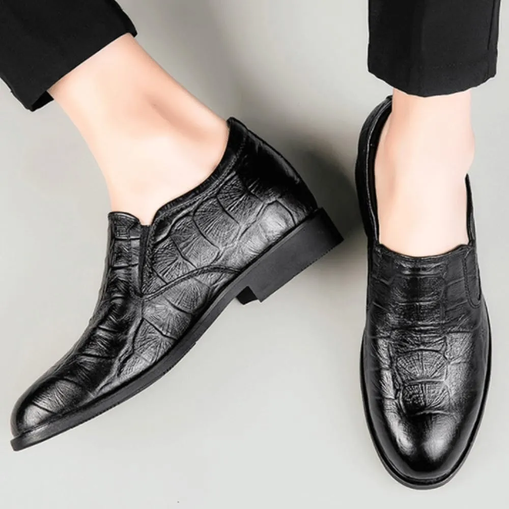 Men's PU Leather Height Increase Shoes Black Slip On Round Toe Loafers Classic Crocodile Pattern Oxford Shoes