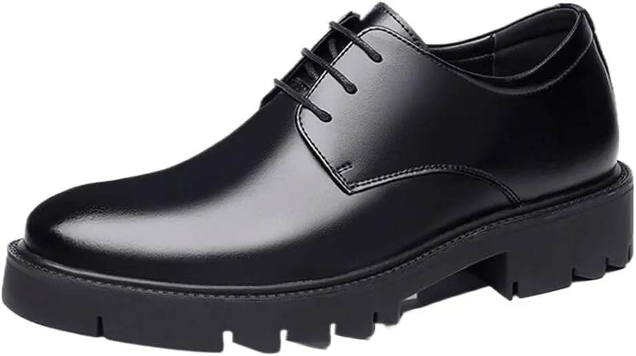 Men's Retro Casual Black Oxfords Dress Shoes, PU Leather Lace-Up Pointed Toe Derbys, Slip-On Formal Brogues, Smart Business Elevator Shoes for Men, Invisible Height Increasing Shoes