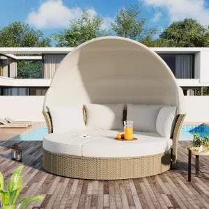 Merax All-Weather Outdoor Round Patio Daybed Conversation Sofa Set Wicker Rattan Double Daybed Sunbed with Retractable Canopy, 4 Pillows and Removable Beige Cushions