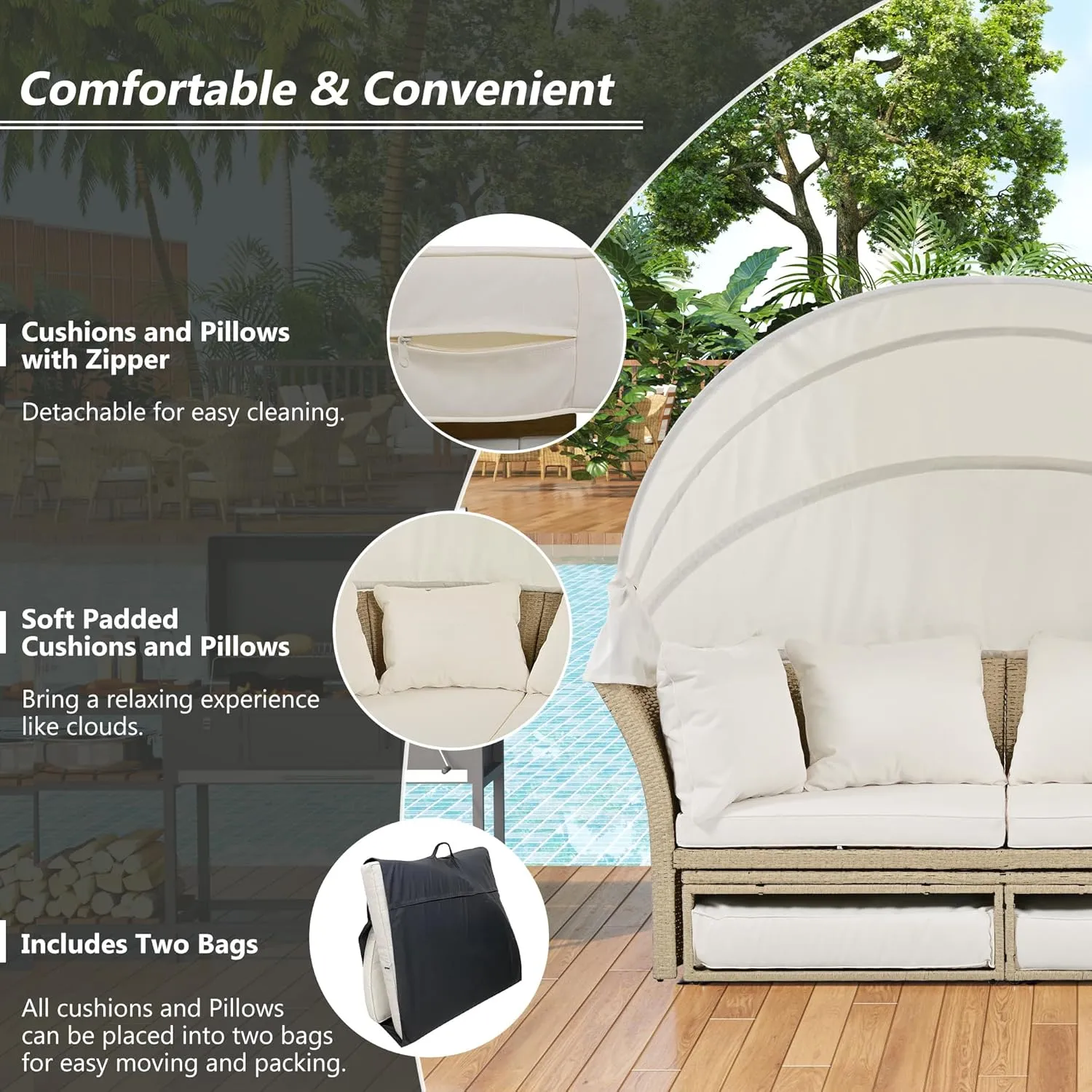 Merax All-Weather Outdoor Round Patio Daybed Conversation Sofa Set Wicker Rattan Double Daybed Sunbed with Retractable Canopy, 4 Pillows and Removable Beige Cushions