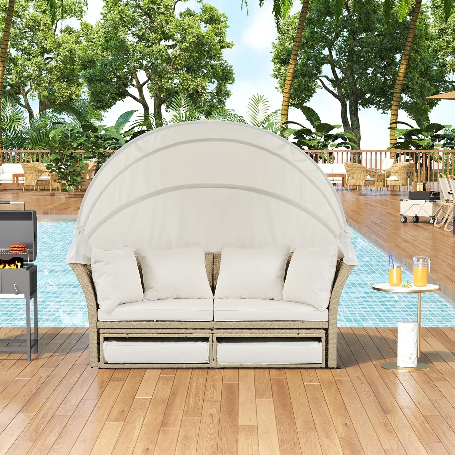 Merax All-Weather Outdoor Round Patio Daybed Conversation Sofa Set Wicker Rattan Double Daybed Sunbed with Retractable Canopy, 4 Pillows and Removable Beige Cushions