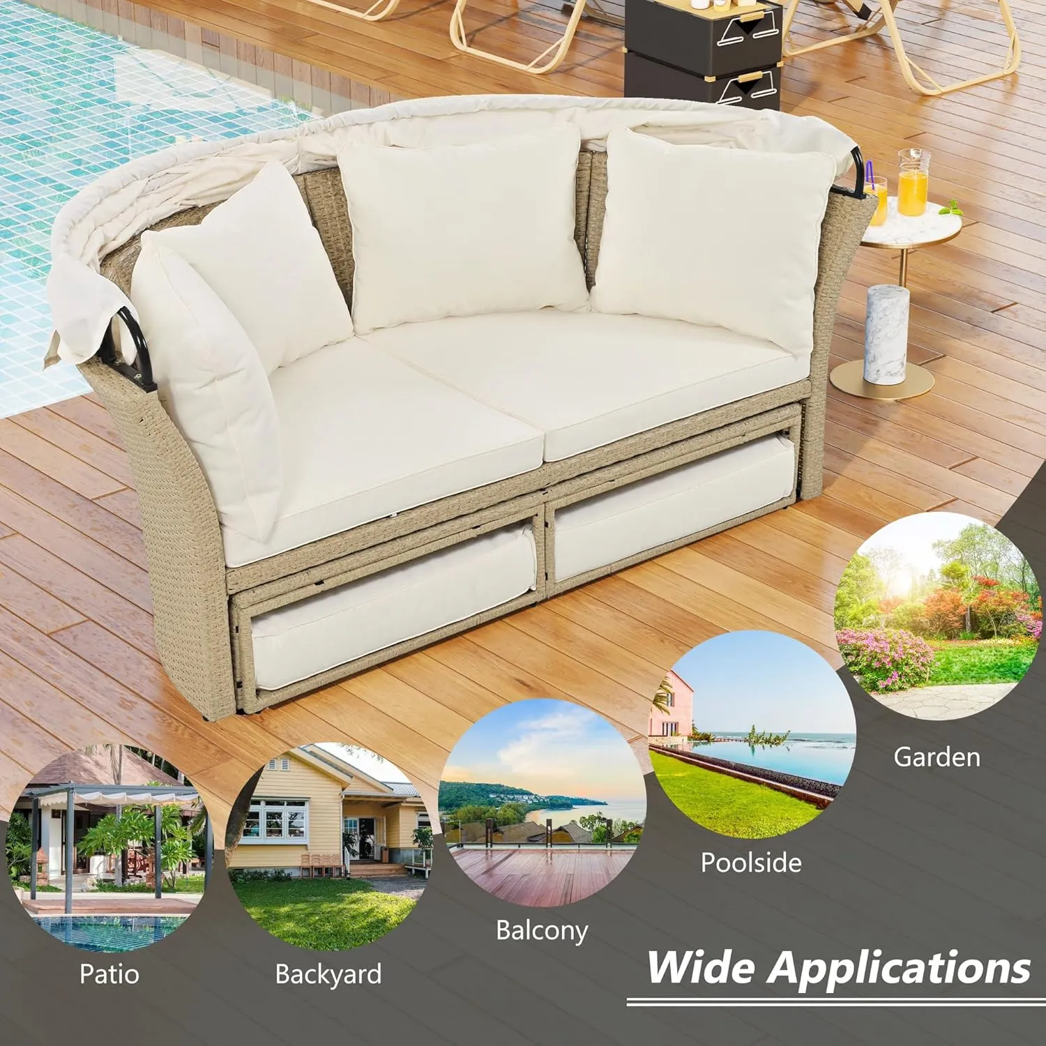 Merax All-Weather Outdoor Round Patio Daybed Conversation Sofa Set Wicker Rattan Double Daybed Sunbed with Retractable Canopy, 4 Pillows and Removable Beige Cushions