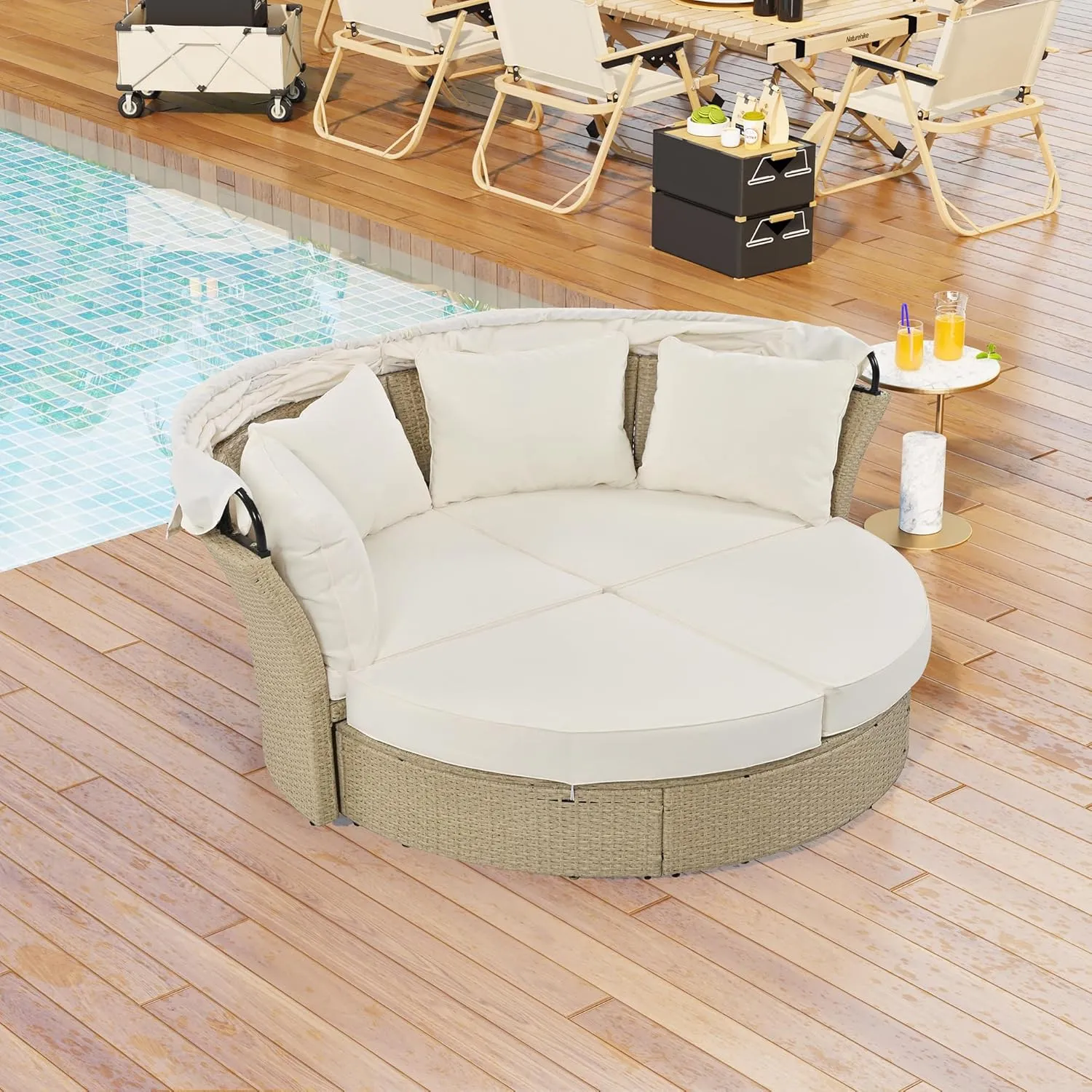 Merax All-Weather Outdoor Round Patio Daybed Conversation Sofa Set Wicker Rattan Double Daybed Sunbed with Retractable Canopy, 4 Pillows and Removable Beige Cushions