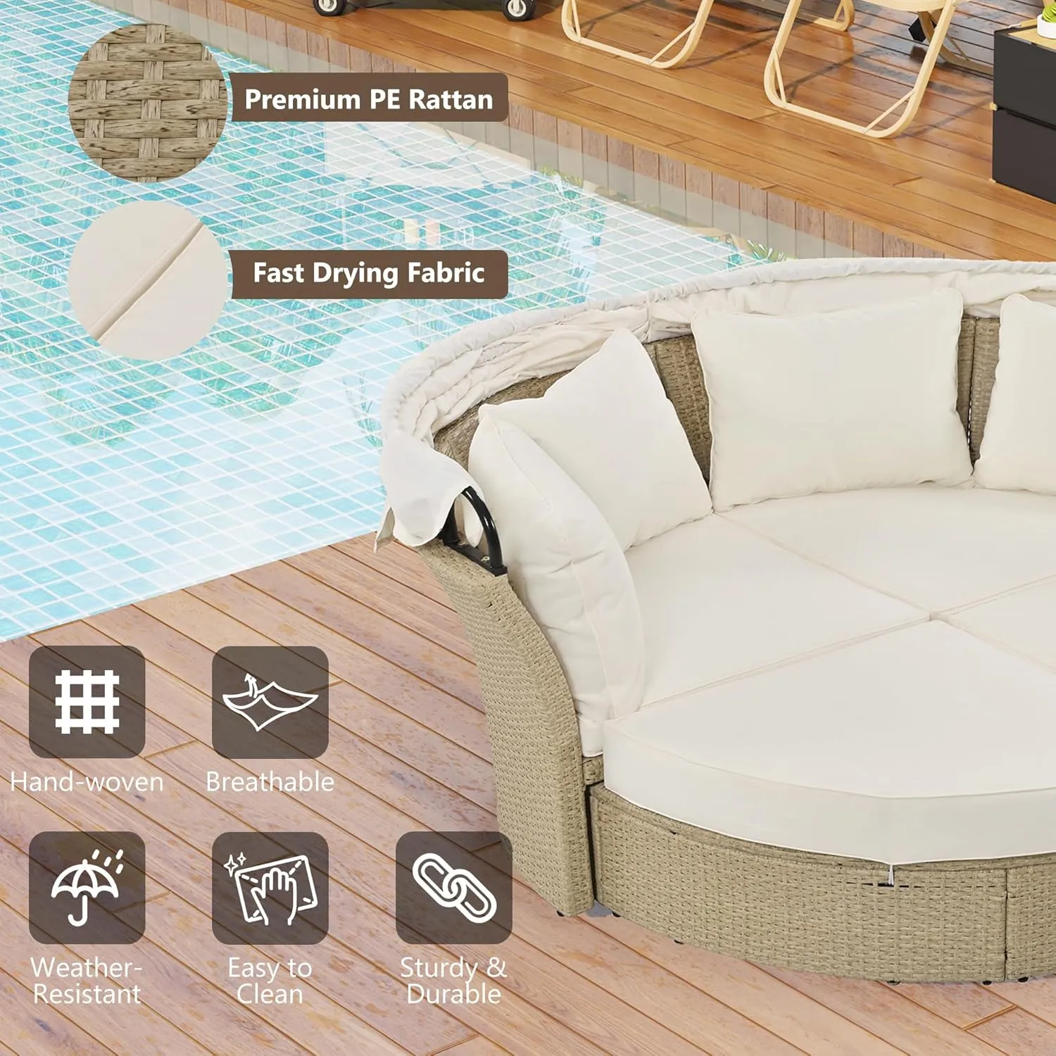 Merax All-Weather Outdoor Round Patio Daybed Conversation Sofa Set Wicker Rattan Double Daybed Sunbed with Retractable Canopy, 4 Pillows and Removable Beige Cushions