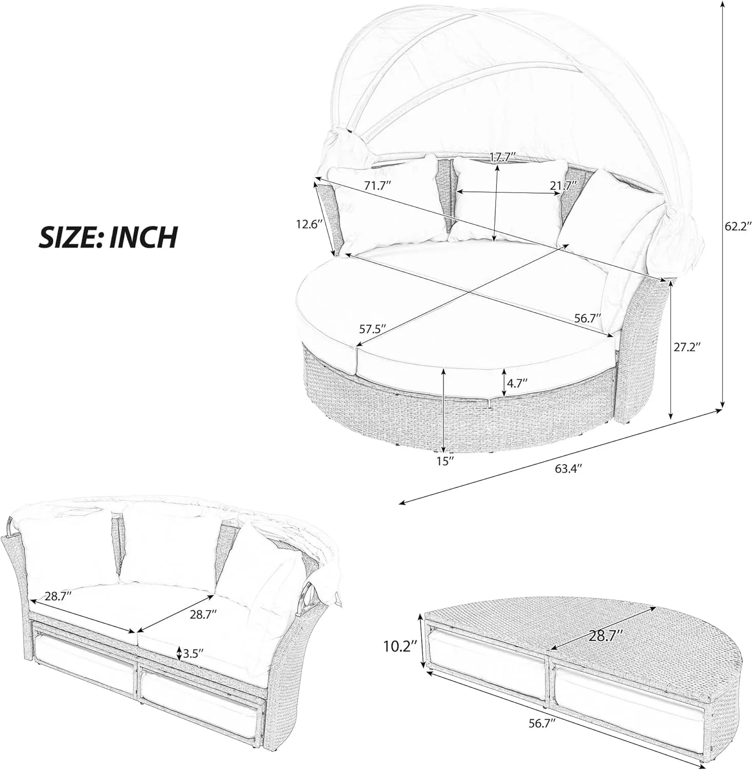 Merax All-Weather Outdoor Round Patio Daybed Conversation Sofa Set Wicker Rattan Double Daybed Sunbed with Retractable Canopy, 4 Pillows and Removable Beige Cushions