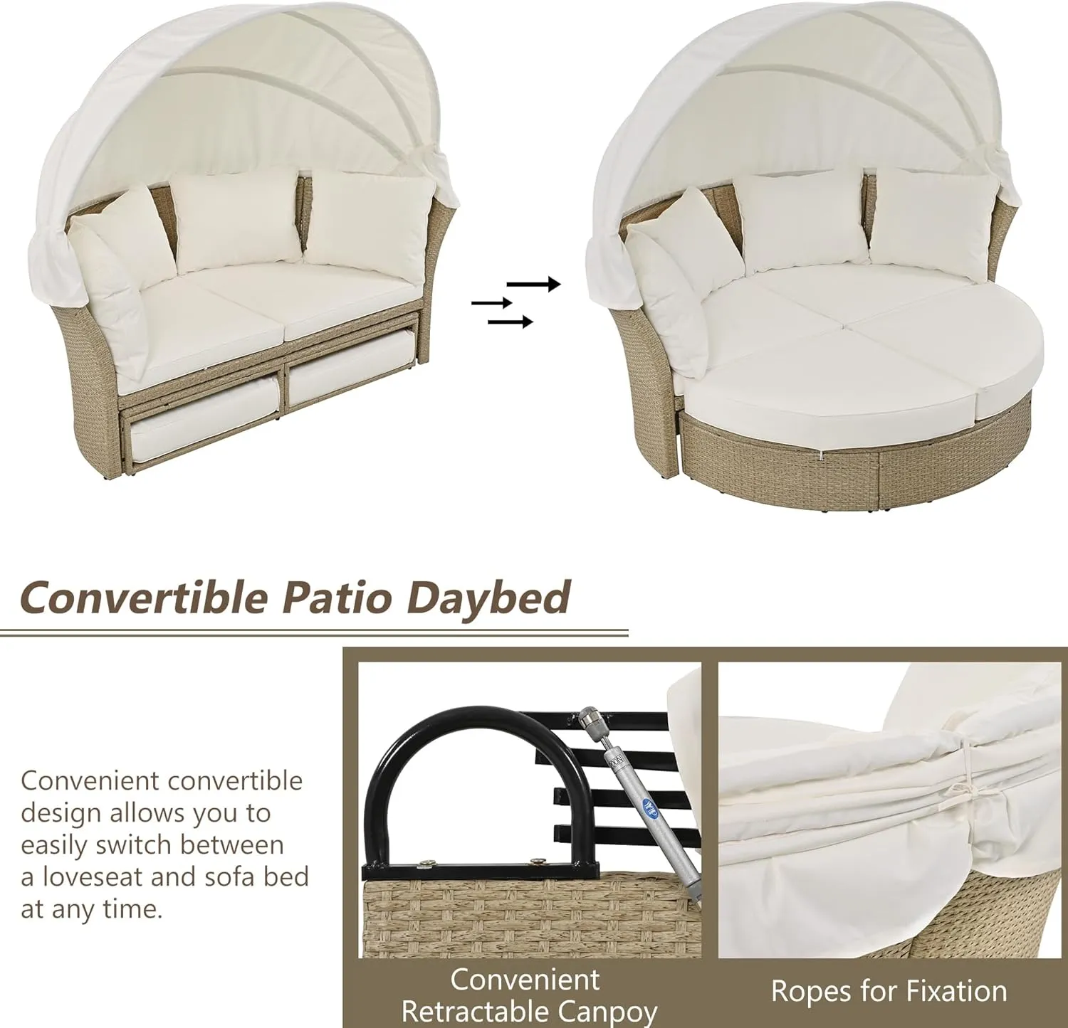 Merax All-Weather Outdoor Round Patio Daybed Conversation Sofa Set Wicker Rattan Double Daybed Sunbed with Retractable Canopy, 4 Pillows and Removable Beige Cushions