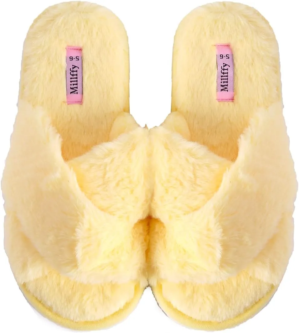 Millffy Fuzzy Fluffy Open Toe Slippers for Summer Warm Comfy flip Flop Slippers for Women Slip on