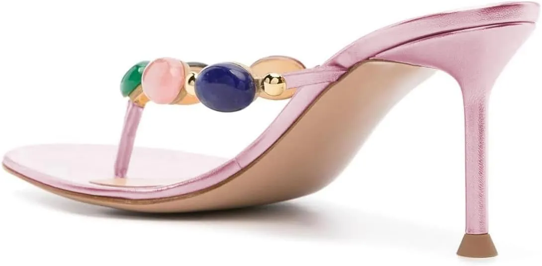 miss left Women Jewelled Open Toe Flip Flops Sexy Thin High Heel Slip on Thong Sandals Comfy Summer Party Shoes Size 4-16 US