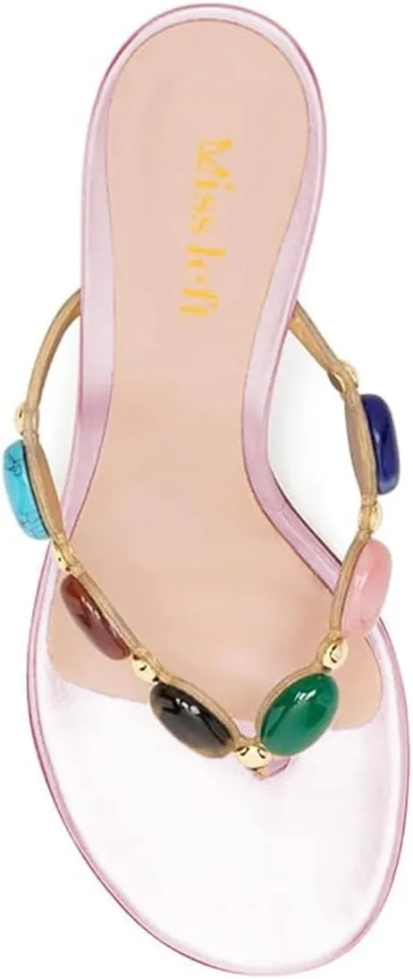 miss left Women Jewelled Open Toe Flip Flops Sexy Thin High Heel Slip on Thong Sandals Comfy Summer Party Shoes Size 4-16 US
