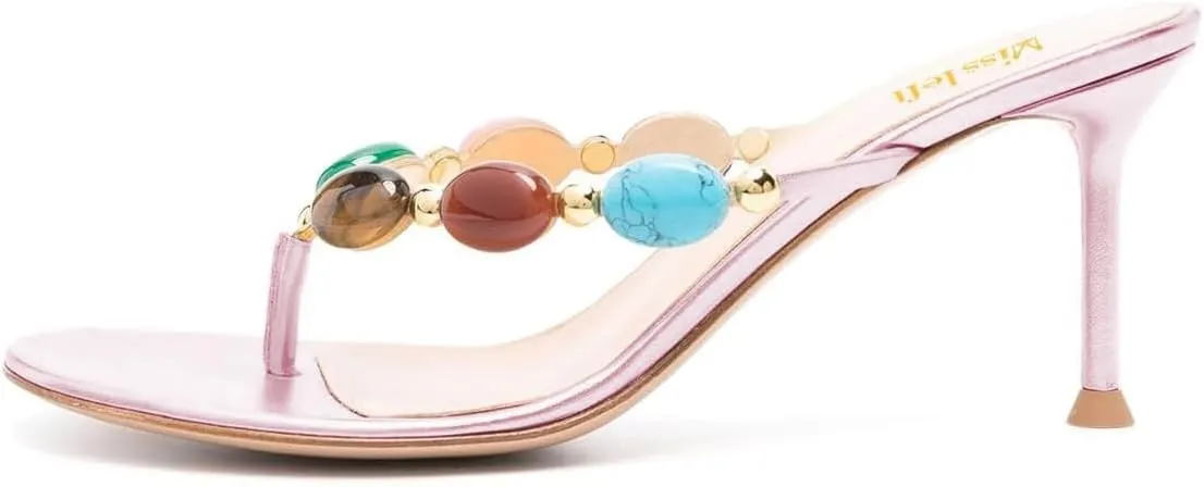 miss left Women Jewelled Open Toe Flip Flops Sexy Thin High Heel Slip on Thong Sandals Comfy Summer Party Shoes Size 4-16 US