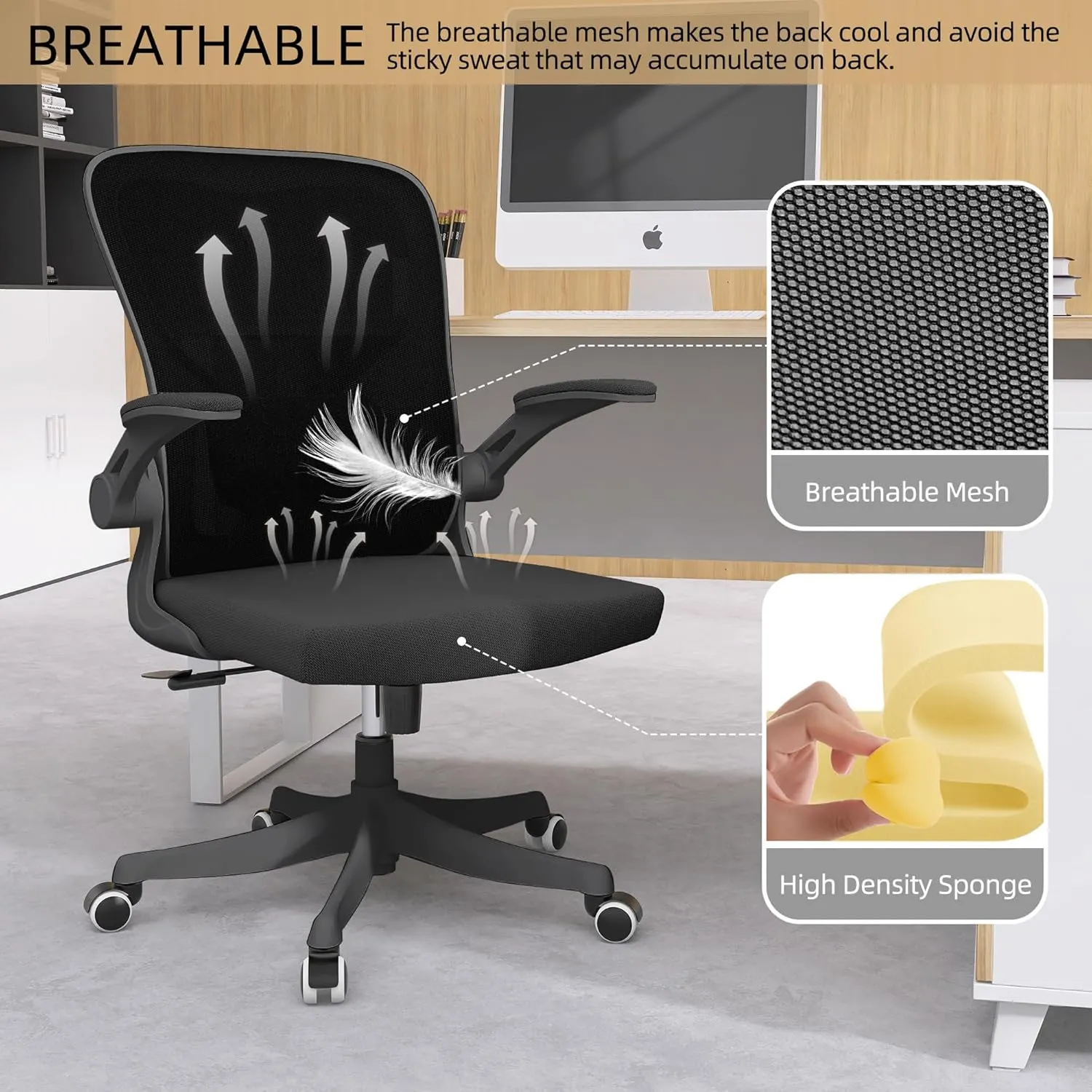 Monhey Ergonomic Office Chair with Lumbar Support, Adjustable Height, 2D Flip-up Arms, Breathable Black Mesh, Comfortable Desk Chair Chair for Home, Office, Study & Gaming