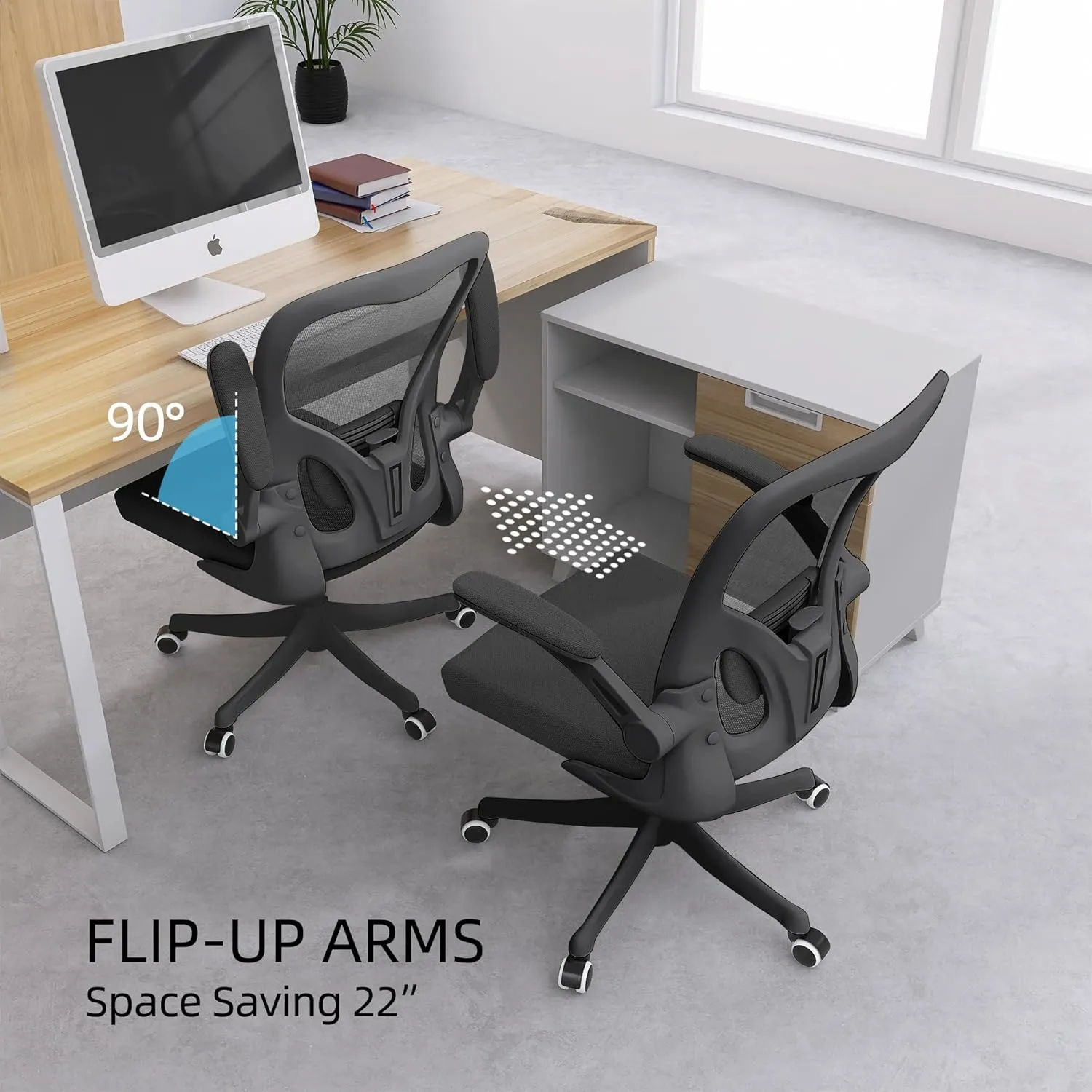 Monhey Ergonomic Office Chair with Lumbar Support, Adjustable Height, 2D Flip-up Arms, Breathable Black Mesh, Comfortable Desk Chair Chair for Home, Office, Study & Gaming