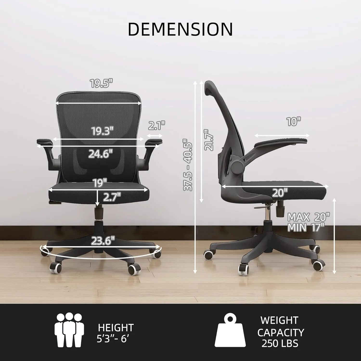 Monhey Ergonomic Office Chair with Lumbar Support, Adjustable Height, 2D Flip-up Arms, Breathable Black Mesh, Comfortable Desk Chair Chair for Home, Office, Study & Gaming