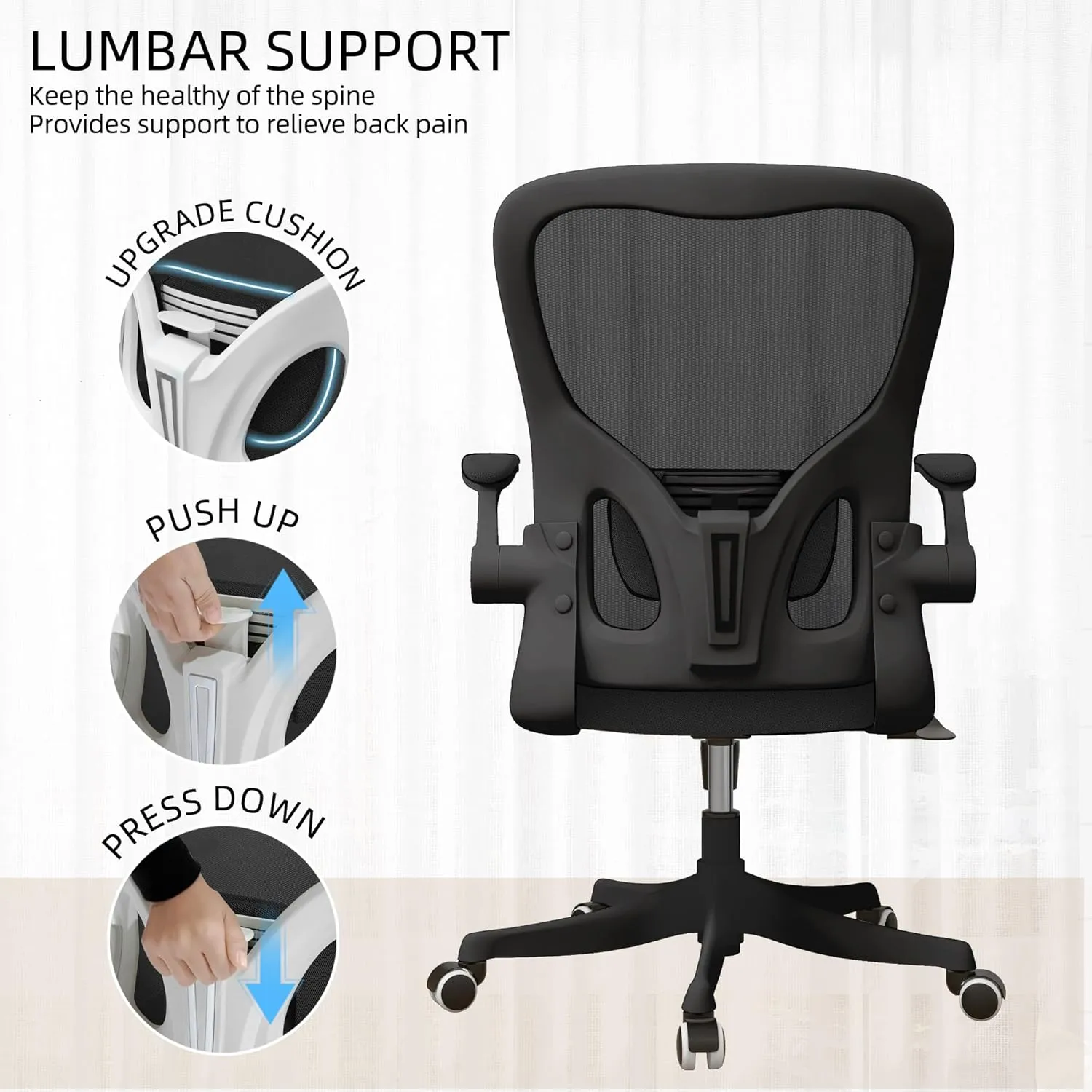 Monhey Ergonomic Office Chair with Lumbar Support, Adjustable Height, 2D Flip-up Arms, Breathable Black Mesh, Comfortable Desk Chair Chair for Home, Office, Study & Gaming