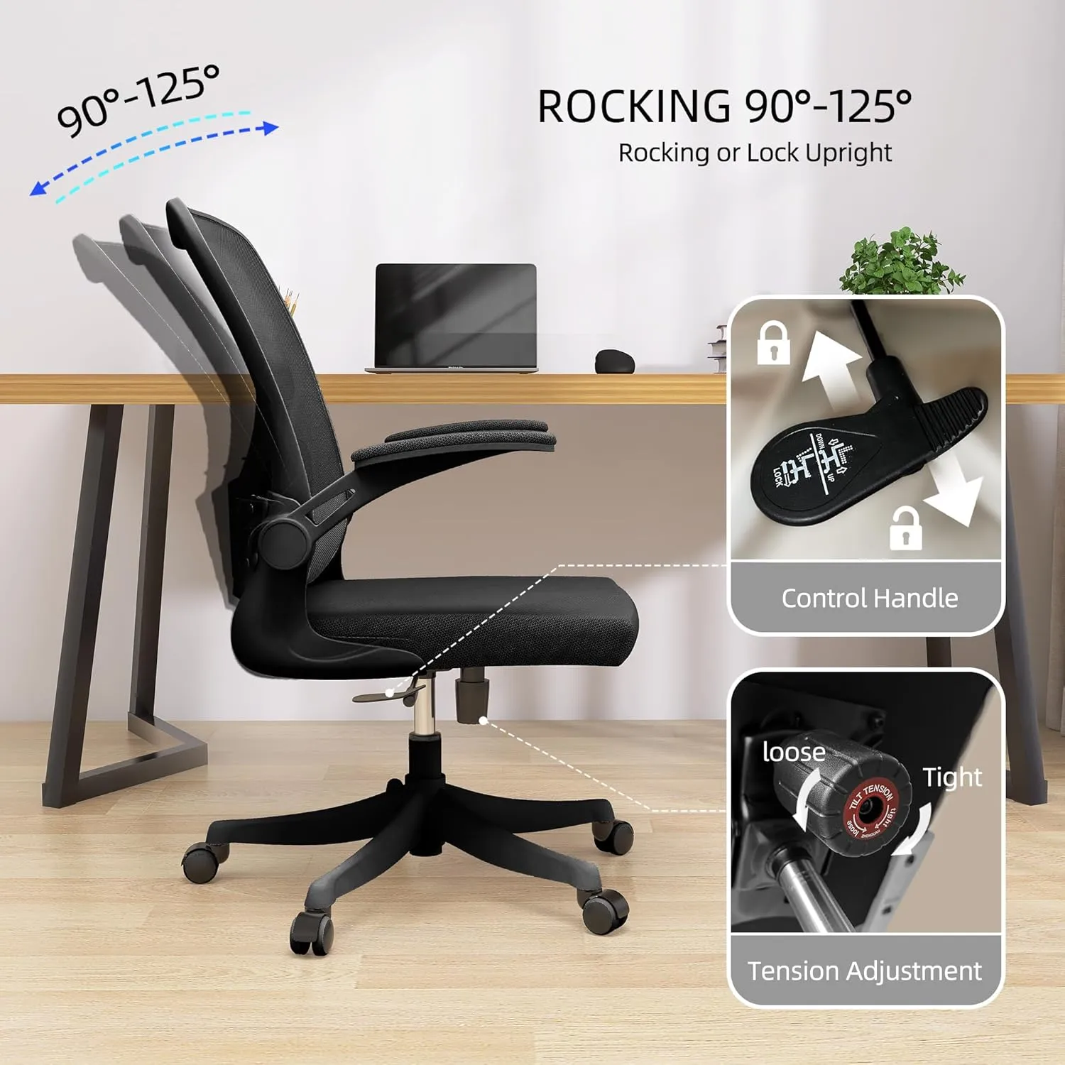 Monhey Ergonomic Office Chair with Lumbar Support, Adjustable Height, 2D Flip-up Arms, Breathable Black Mesh, Comfortable Desk Chair Chair for Home, Office, Study & Gaming