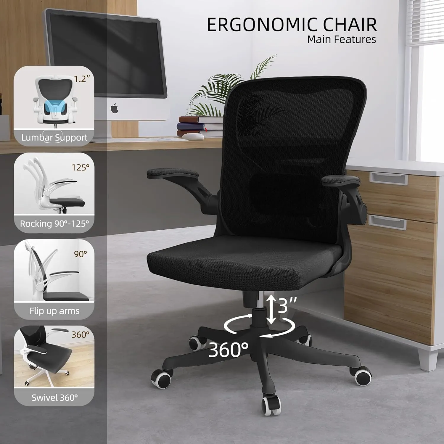Monhey Ergonomic Office Chair with Lumbar Support, Adjustable Height, 2D Flip-up Arms, Breathable Black Mesh, Comfortable Desk Chair Chair for Home, Office, Study & Gaming