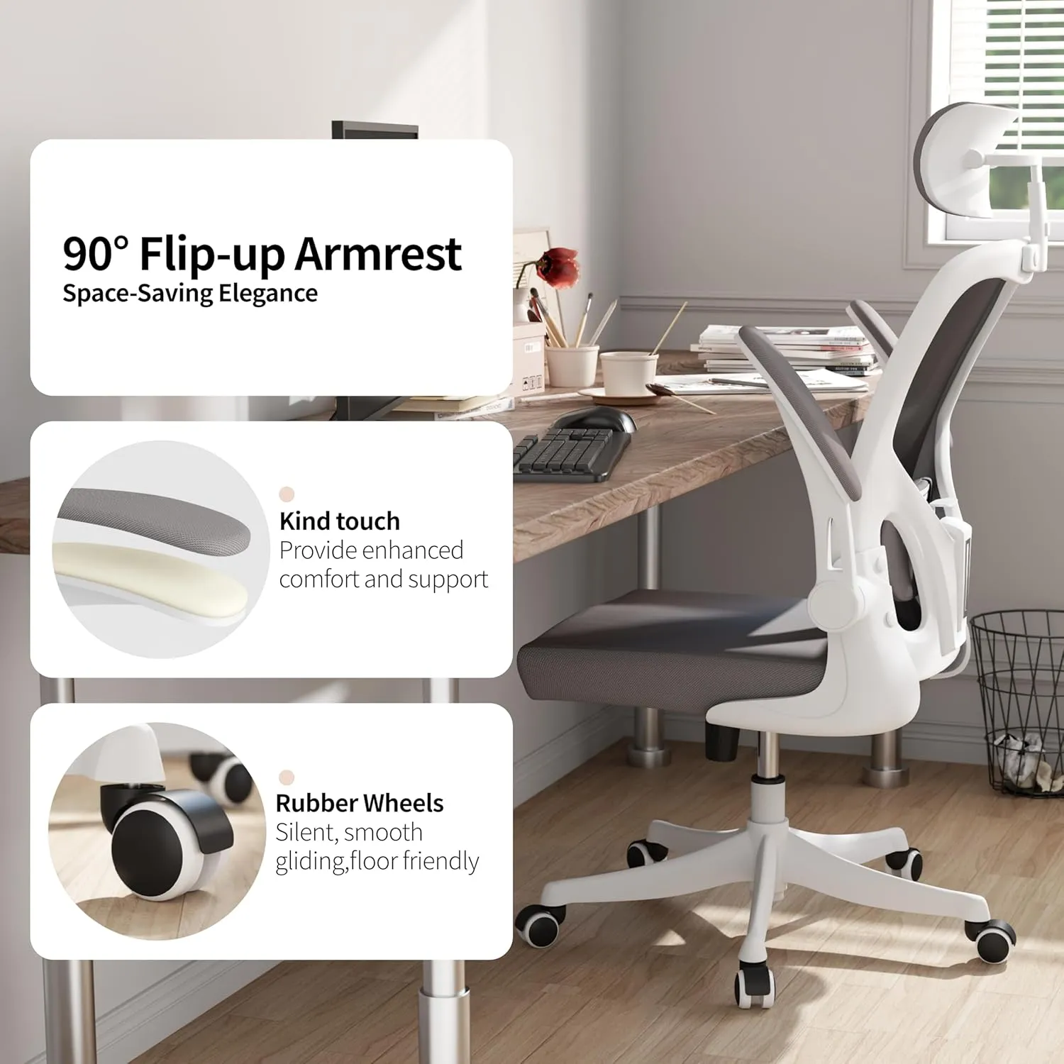 Monhey Office Chair Ergonomic Desk Chair with Lumbar Support&Headrest&Flip-up Arms Height Adjustable Rocking Swivel High Back Computer Chair Warm Taupe Mesh Study Chair (02White Grey)