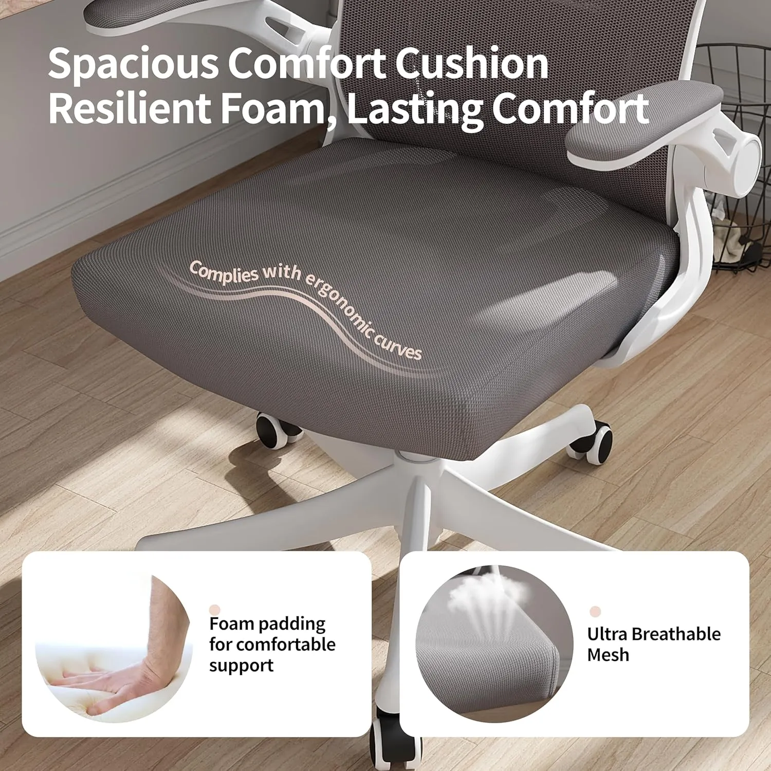 Monhey Office Chair Ergonomic Desk Chair with Lumbar Support&Headrest&Flip-up Arms Height Adjustable Rocking Swivel High Back Computer Chair Warm Taupe Mesh Study Chair (02White Grey)